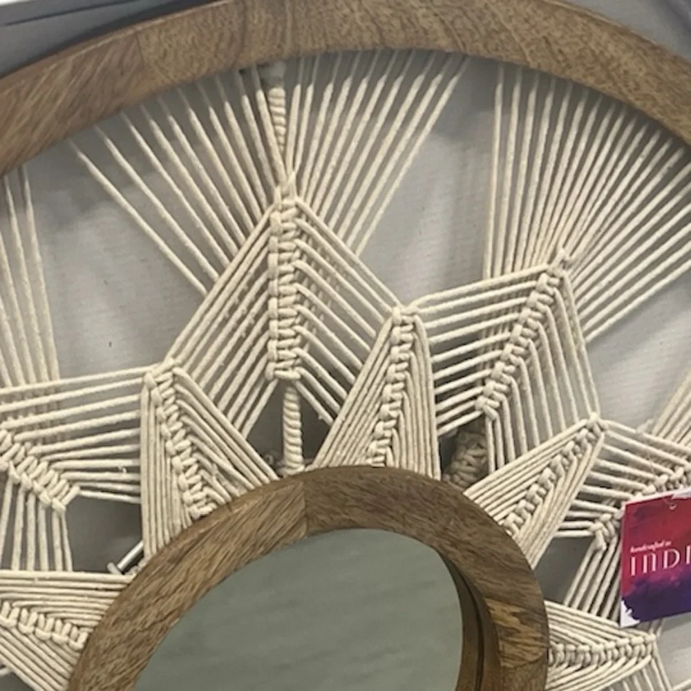NWT Mirror Handcrafted Macrame Geometric & Solid Wood Round Mirror 26”